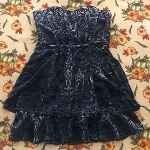 Semi-formal blue velvet dress with a sweet heart neck line